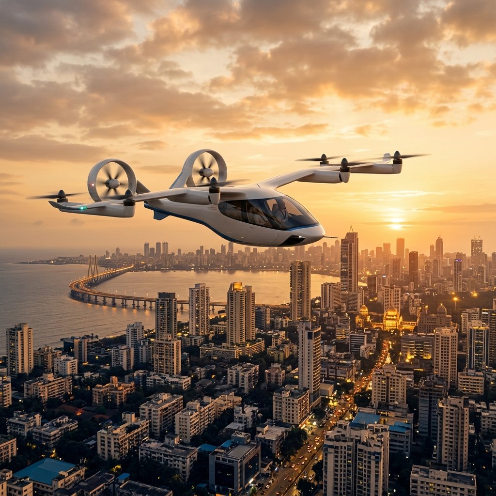 eVTOL aircraft flying over Indian city skyline
